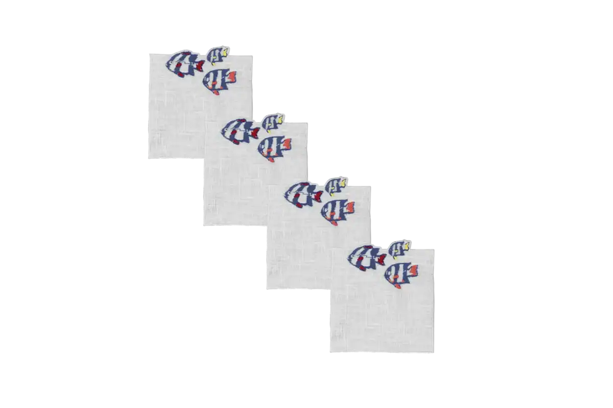 Set di 4 Sottobicchieri in lino – Ricamo Pesci in fuga Blu Denim