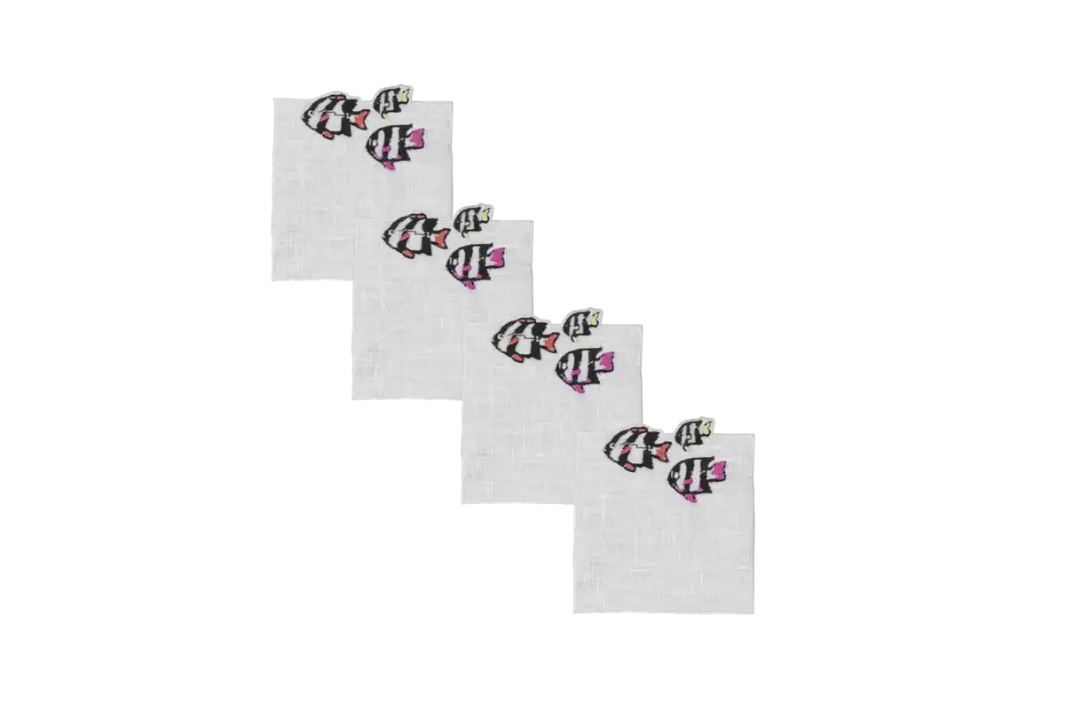 Set di 4 Sottobicchieri in lino – Ricamo Pesci in fuga Nero